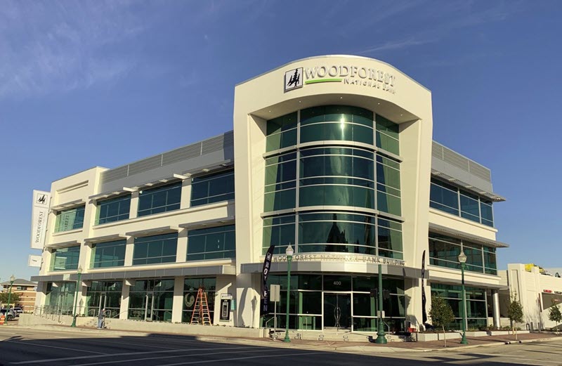 The newly re-built Woodforest National Bank building in Downtown Conroe.